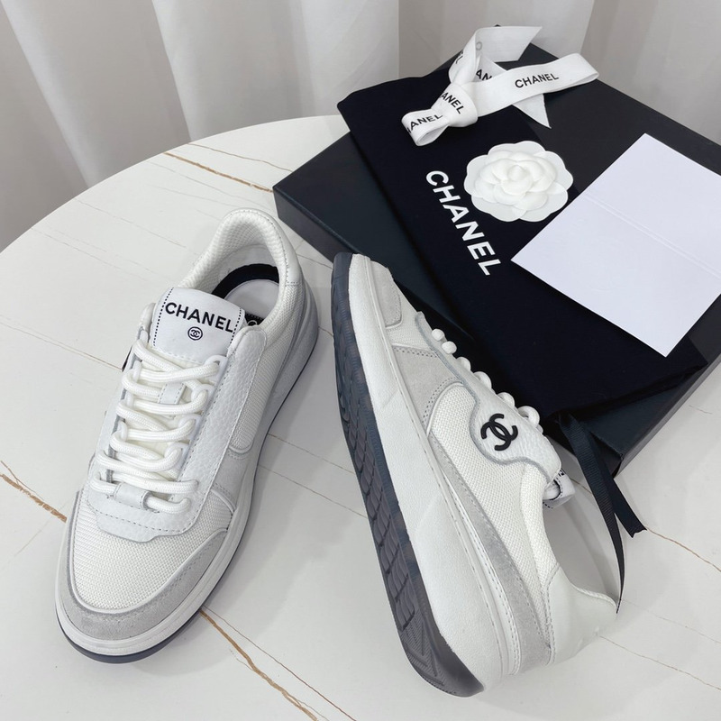 Ch*el fabric calf suede & caviar calf leather white grey & white