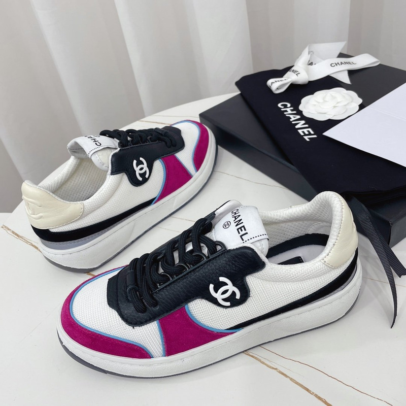 Ch*el fabric calf suede & caviar calf leather white dark pink & black