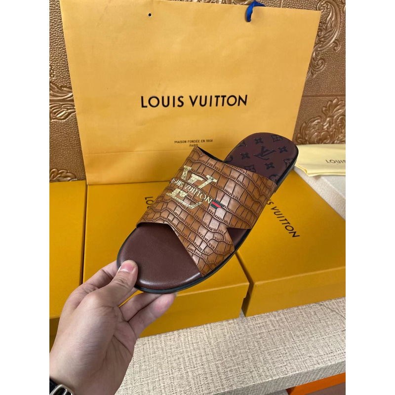 l**is V*t*n gold logo croc-embossed monogram mules brown