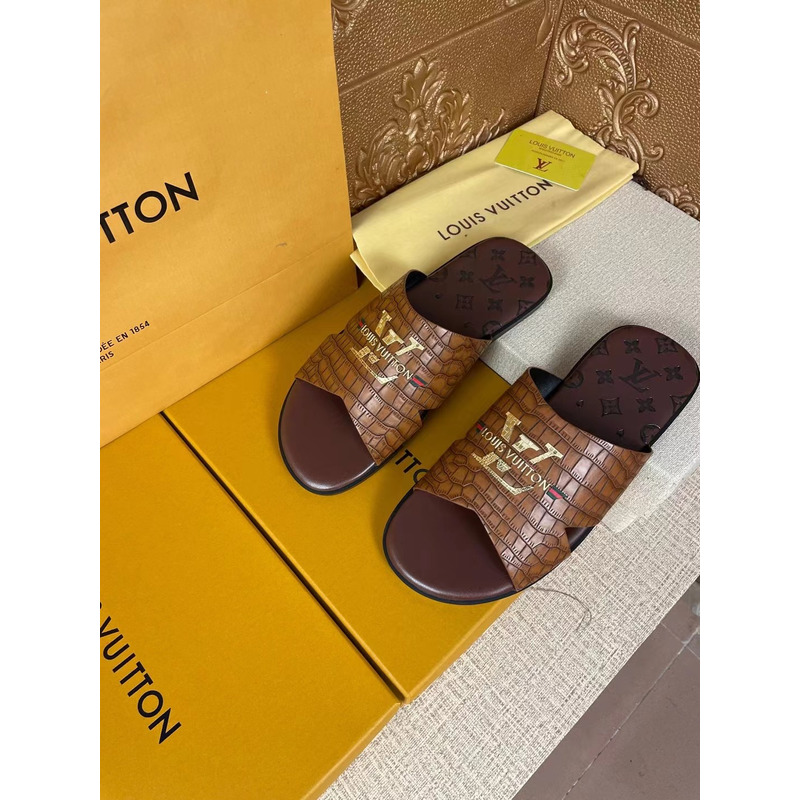 l**is V*t*n gold logo croc-embossed monogram mules brown