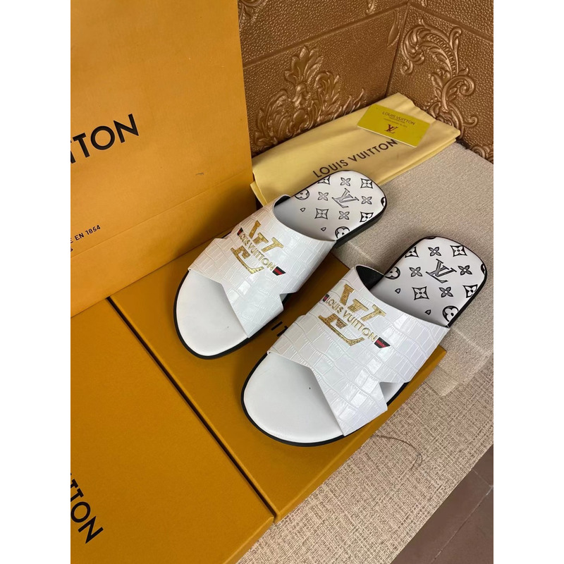 l**is V*t*n gold logo croc-embossed monogram mules white