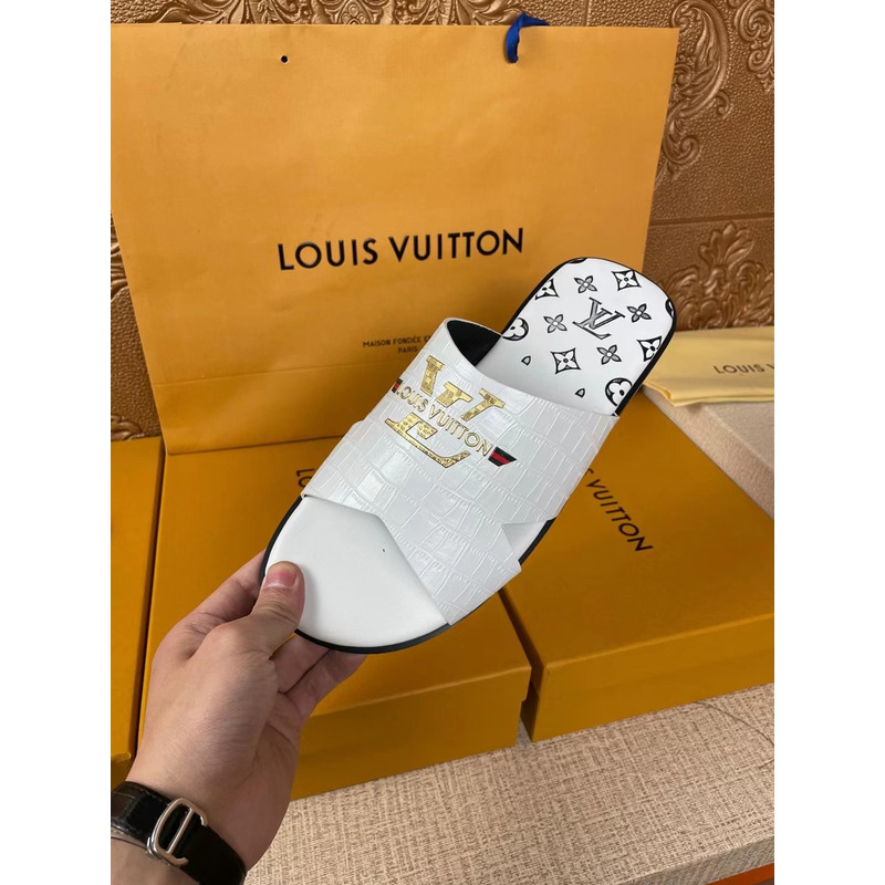 l**is V*t*n gold logo croc-embossed monogram mules white
