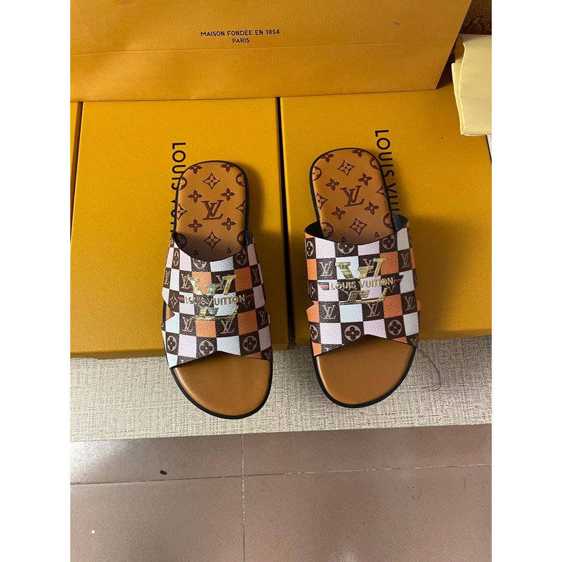 l**is V*t*n gold logo multi-color monogram mules brown