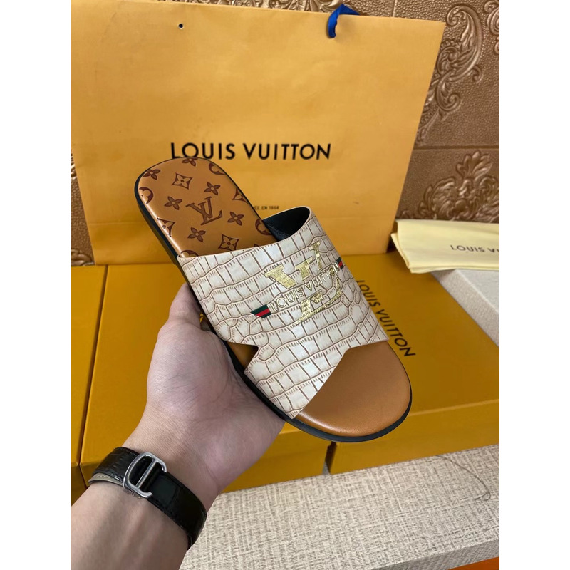 l**is V*t*n gold logo croc-embossed monogram mules white/brown