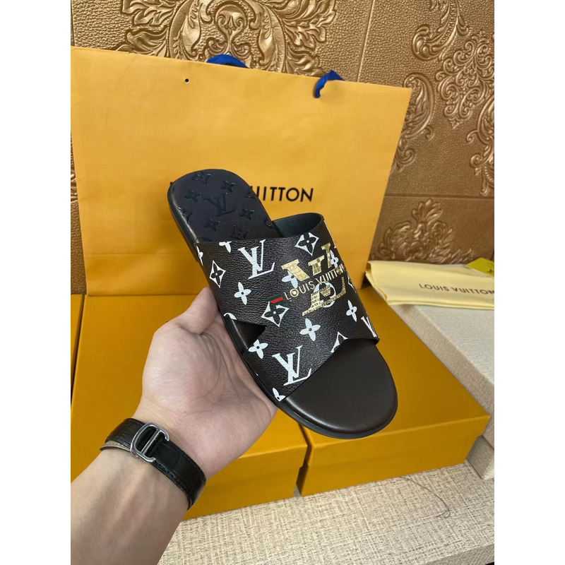 l**is V*t*n gold logo monogram mules black