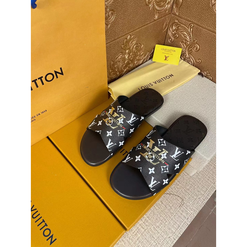 l**is V*t*n gold logo monogram mules black