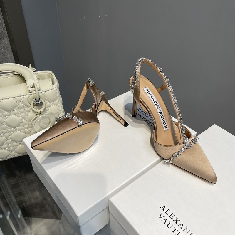 Alexandre Vauthier  Pointed Toe Rhinestone High Heels Stiletto Silk Sandals Champagne