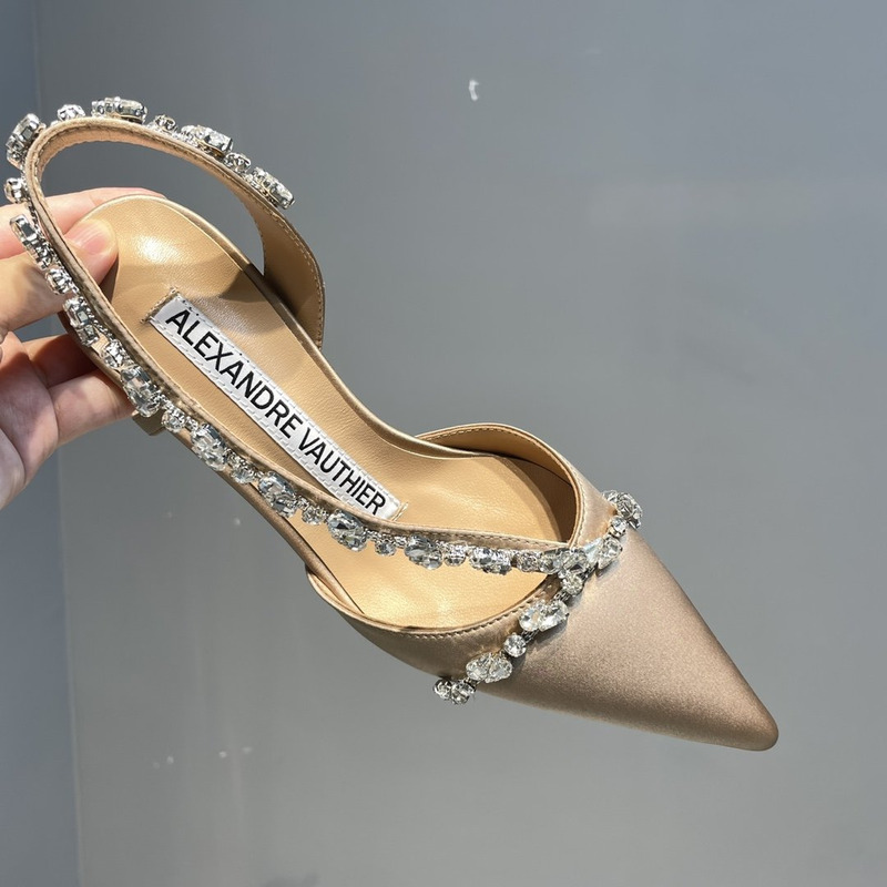 Alexandre Vauthier  Pointed Toe Rhinestone High Heels Stiletto Silk Sandals Champagne
