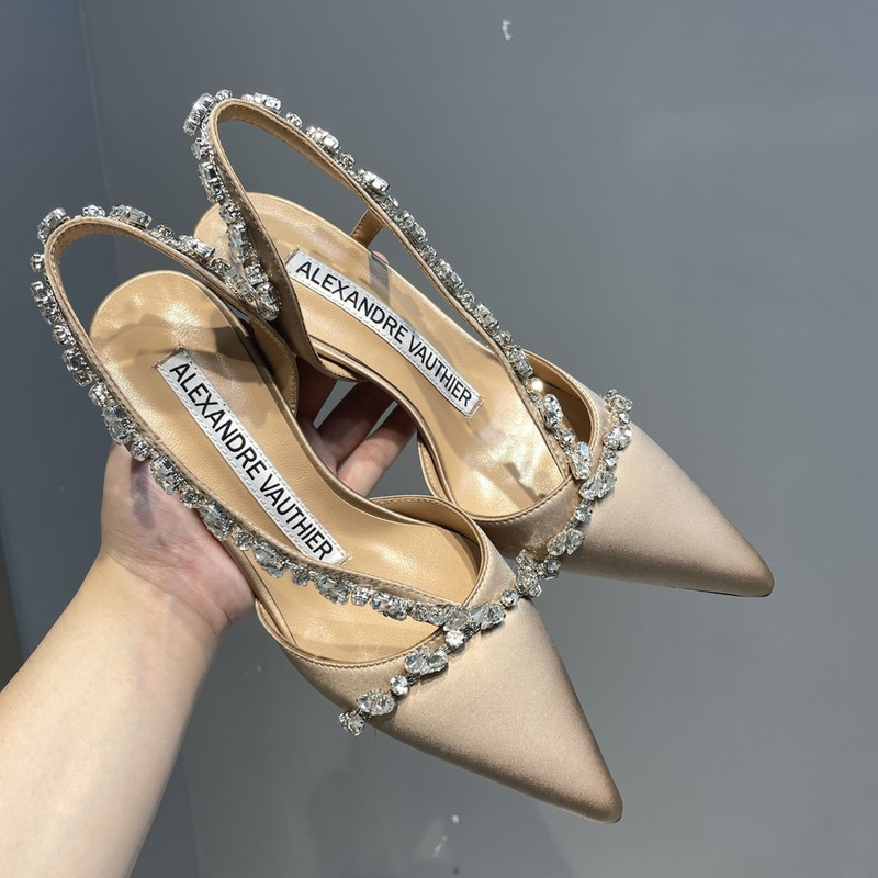 Alexandre Vauthier  Pointed Toe Rhinestone High Heels Stiletto Silk Sandals Champagne