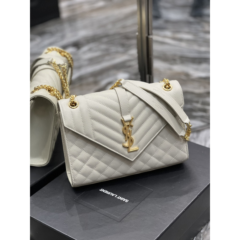Saint Laurent Grain-embossed Quilted Leather Envelope Bag White