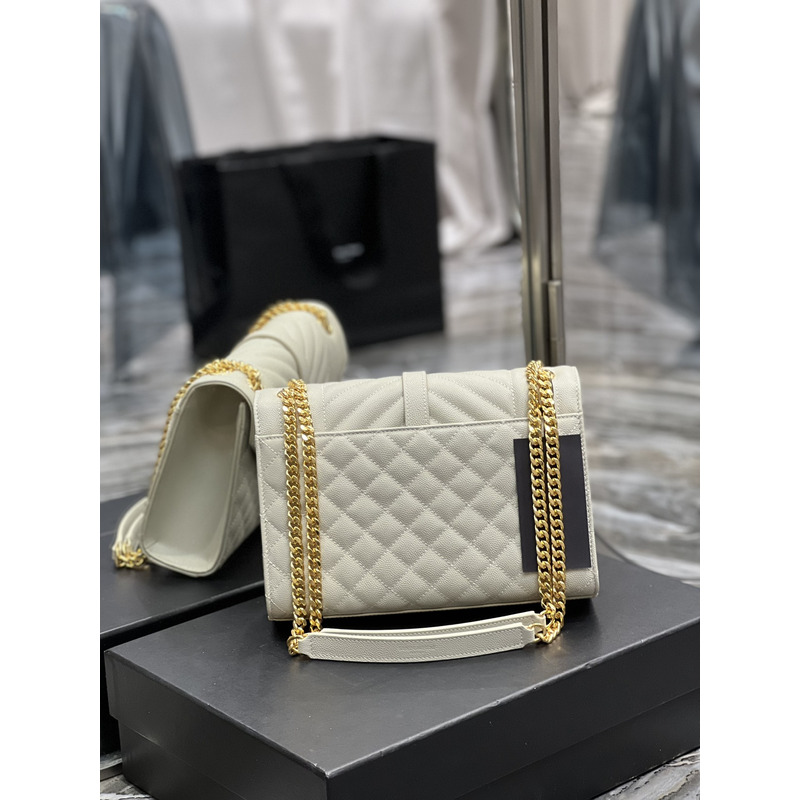 Saint Laurent Grain-embossed Quilted Leather Envelope Bag White