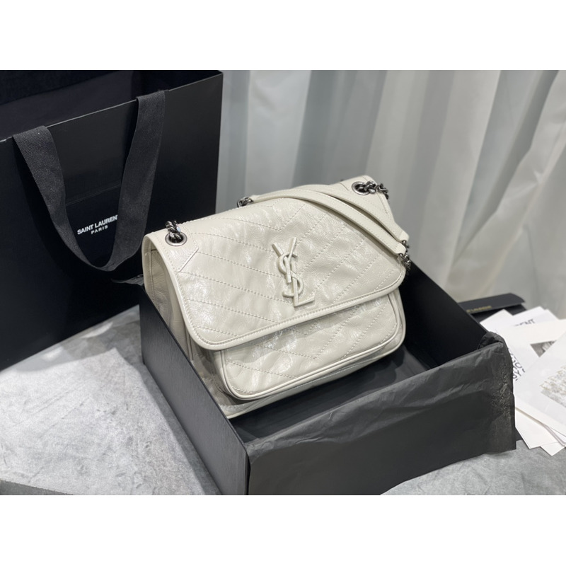 Saint Laurent Niki Baby Crocodile Print Shoulder Bag White