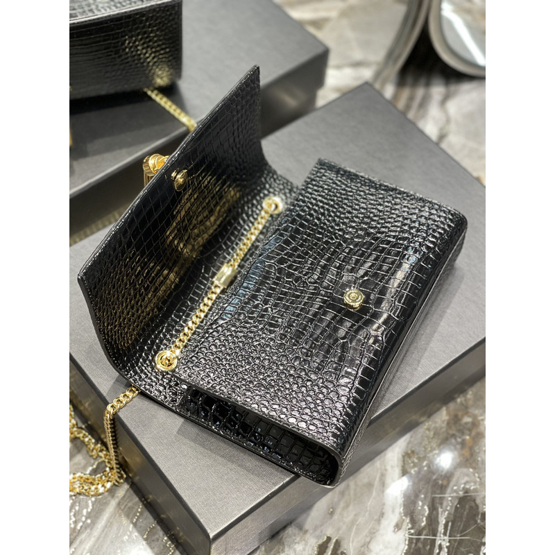 Saint Laurent Kate 24 Crocodile Gold Buckle Fringed Bag Black