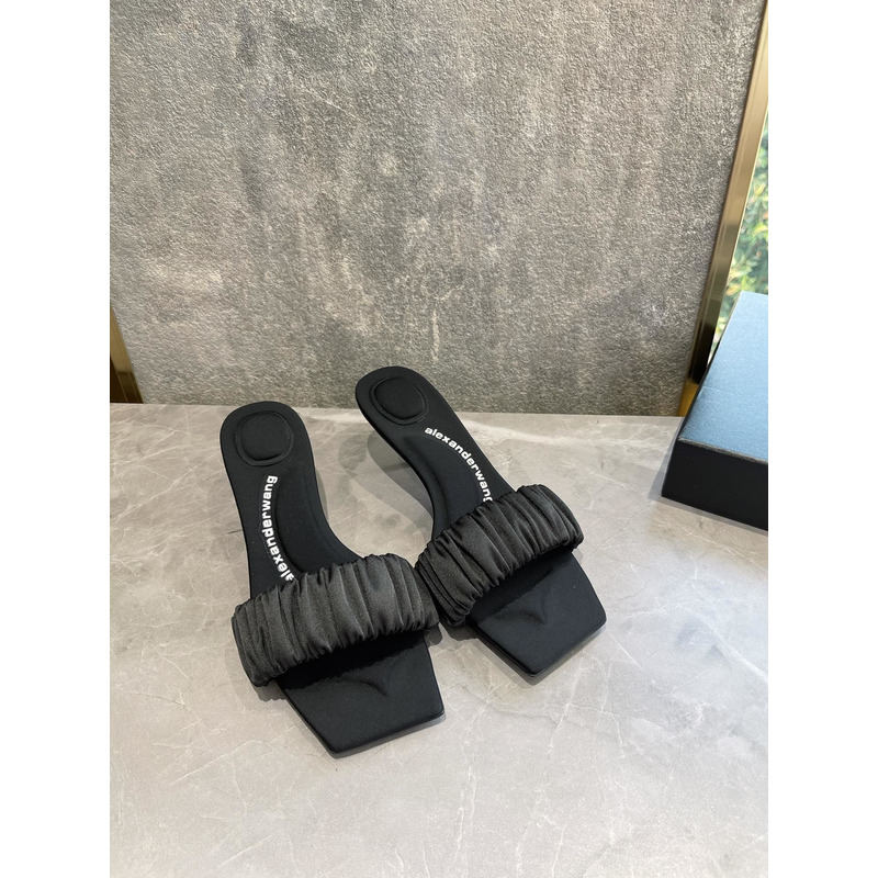 Alexander Wang Square Toe Satin Mid Heel Sandals Black