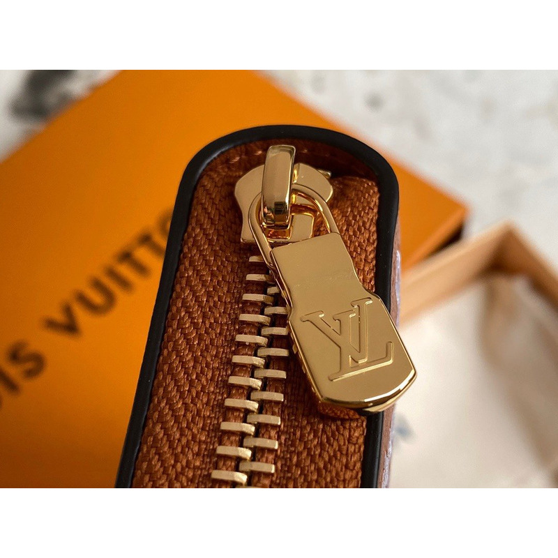 LV Embossed Pebbled Calfskin Small Embossed Single Zipper Wallet Brown