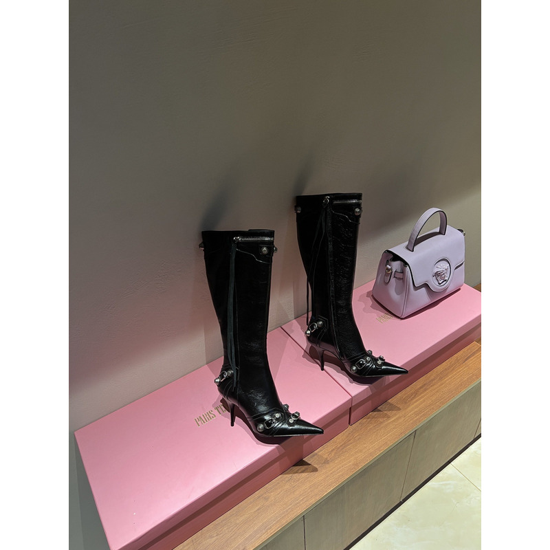 Ba*len*cia*ga cagole lambskin buckle zip knee boots in black