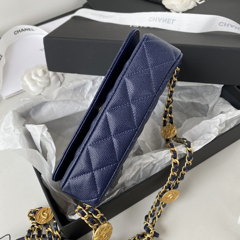 Ch*el small flap bag grained shiny calfskin & gold-tone metal blue