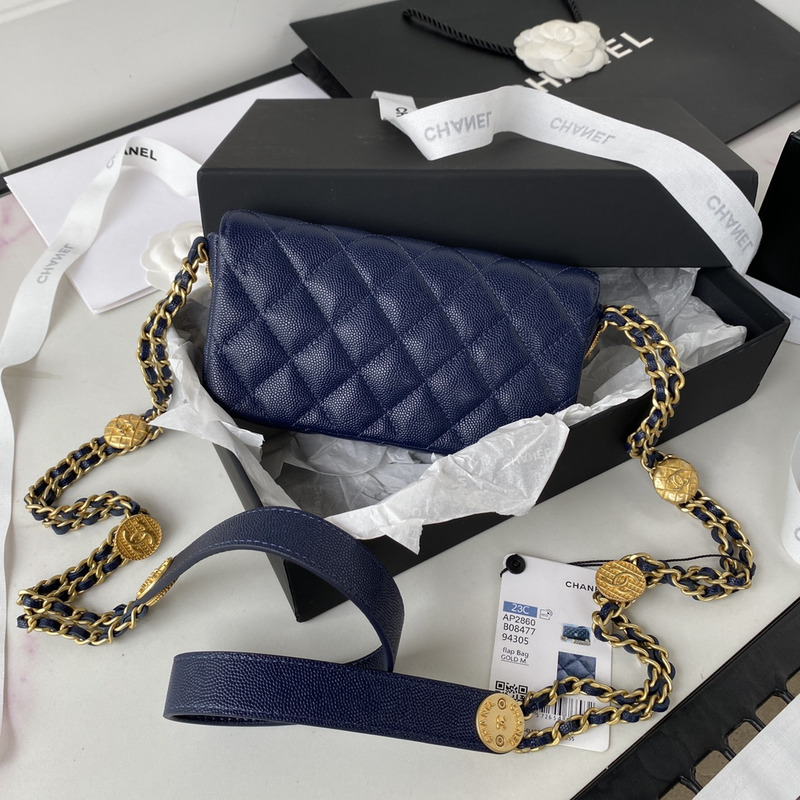 Ch*el small flap bag grained shiny calfskin & gold-tone metal blue