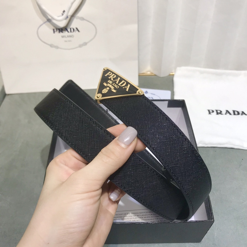 Pra*a saffiano leather belt black&glod