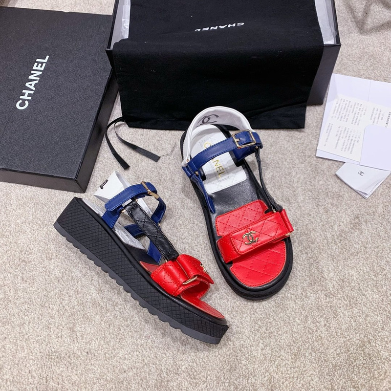 Ch*el open toe platform plain block heels red/blue