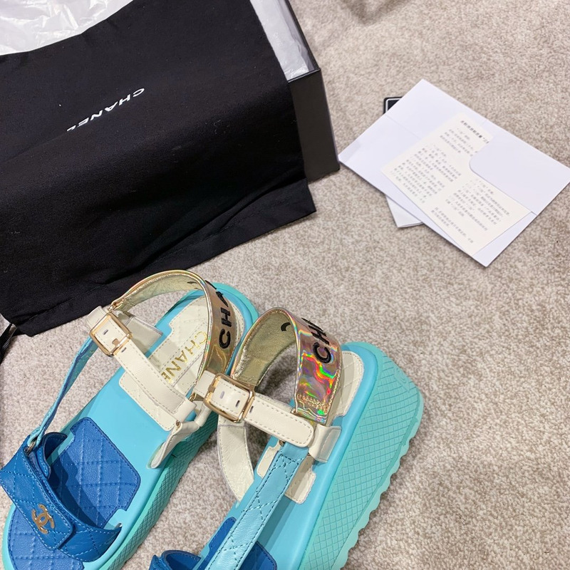 Ch*el open toe platform plain block heels blue/white