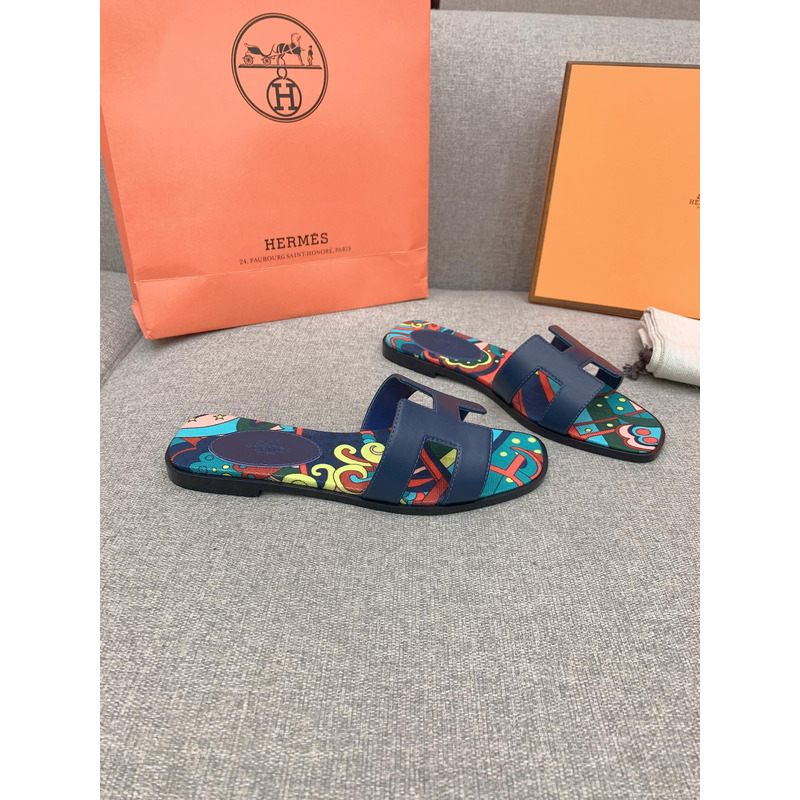 H**mes oran flat sandals in navy blue