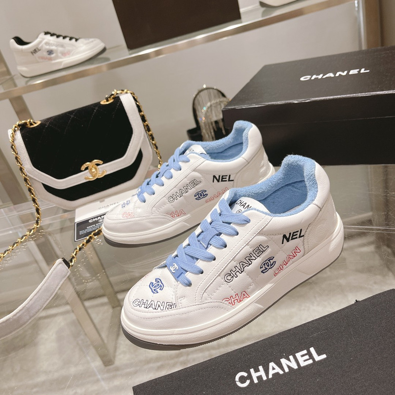 Ch*el  logo embroidered sneakers white blue