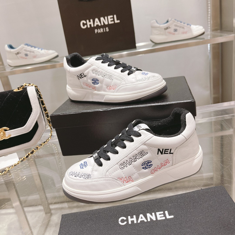 Ch*el   logo embroidered sneakers white black