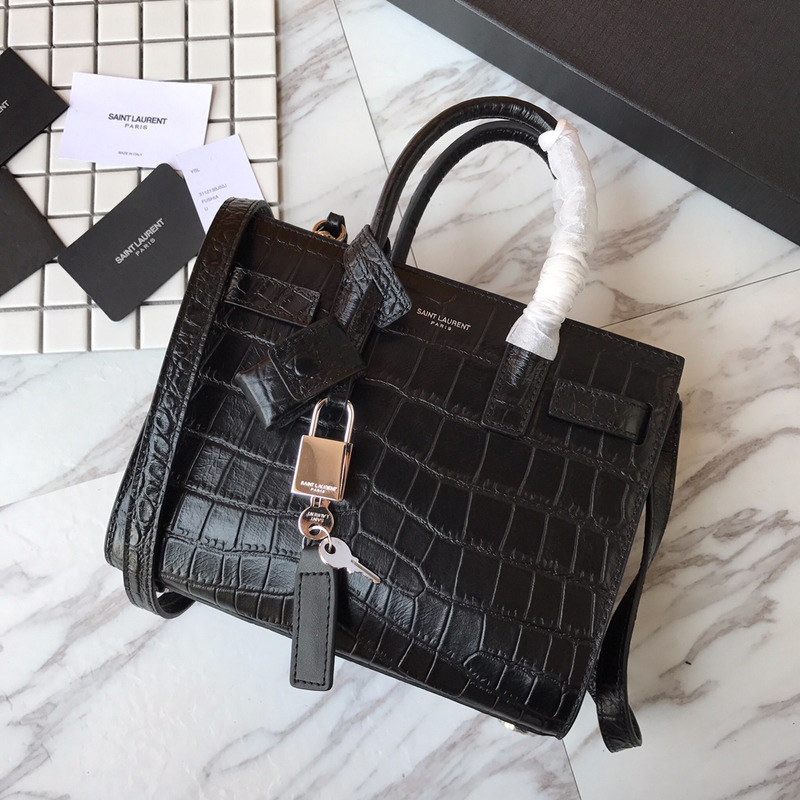 Saint Laurent Baby Classic Sac De Jour In Crocodile Embossed Leather Black