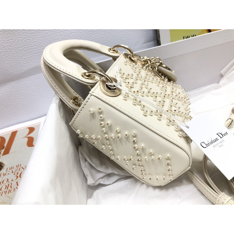 D*or mini lady D*or bag cannage lambskin with pearl white
