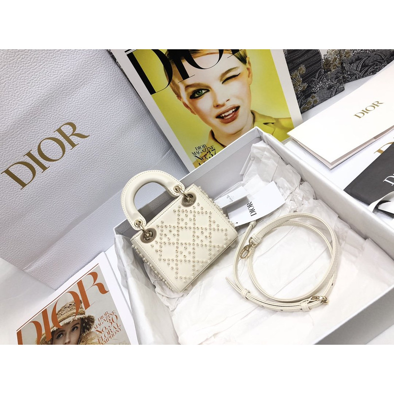 D*or mini lady D*or bag cannage lambskin with pearl white