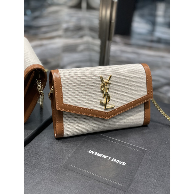 Saint Laurent Uptown Chain Wallet Bag Canvas Beige & Brown