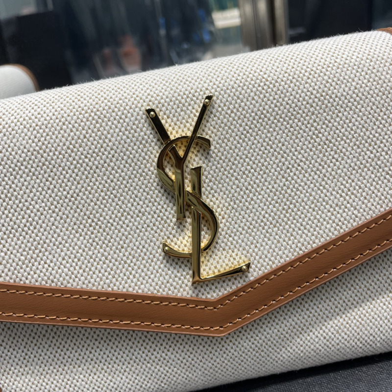 Saint Laurent Uptown Chain Wallet Bag Canvas Beige & Brown
