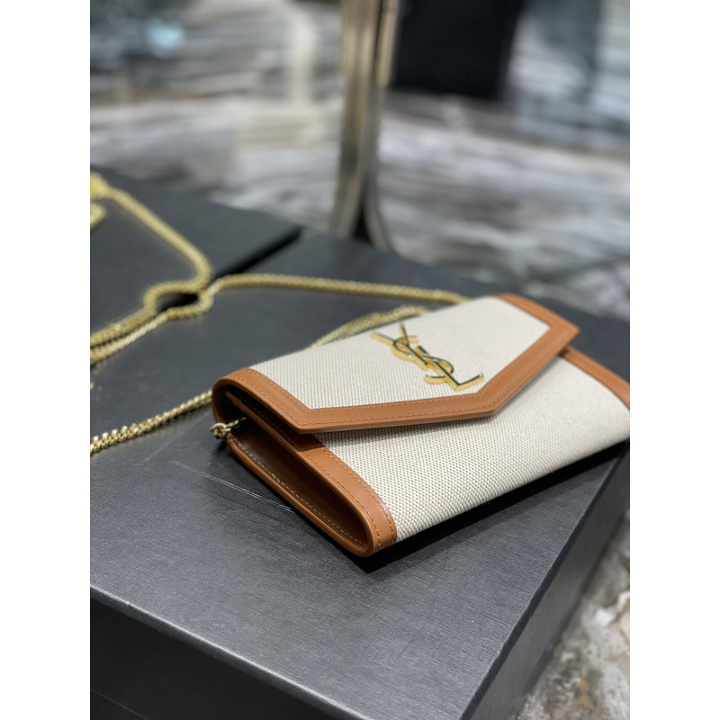 Saint Laurent Uptown Chain Wallet Bag Canvas Beige & Brown