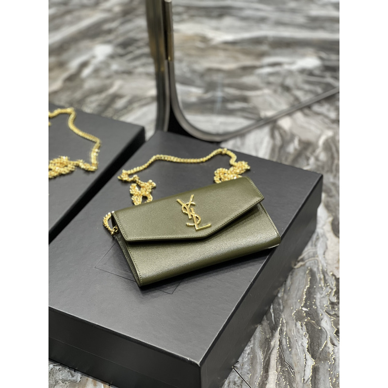 Saint Laurent Uptown Chain Wallet In Grain de Poudre Embossed Leather Olive Green