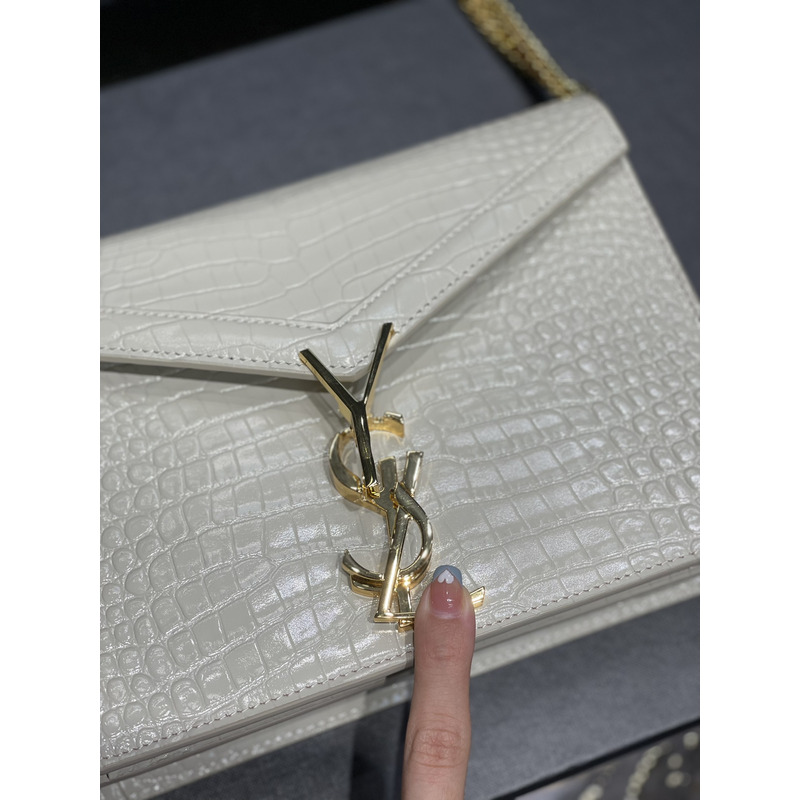 Saint Laurent Cassandra Medium Chain Bag In crocodile Embossed Shiny Leather White