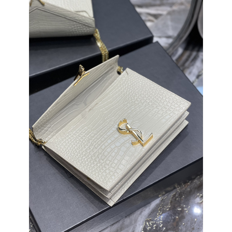 Saint Laurent Cassandra Medium Chain Bag In crocodile Embossed Shiny Leather White