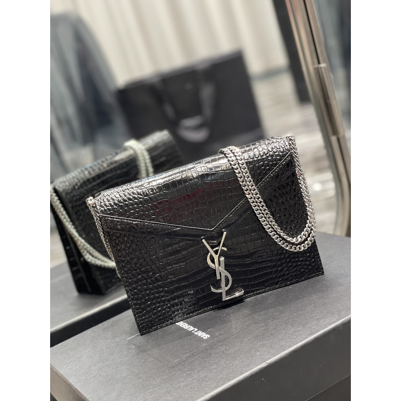 Saint Laurent Cassandra Medium Chain Bag In crocodile Embossed Shiny Leather Black