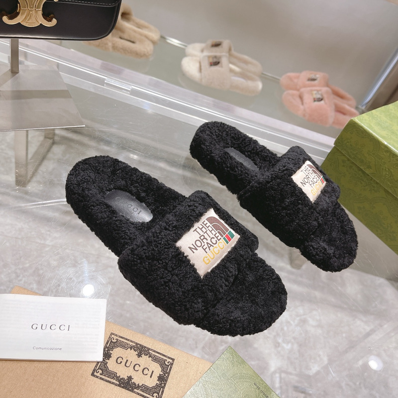 g*u*i x the n0*h F**e shearling slides black