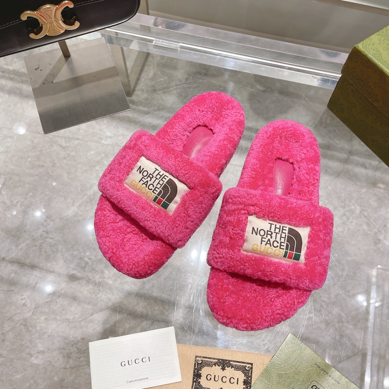 g*u*i x the n0*h F**e shearling slides taffy pink