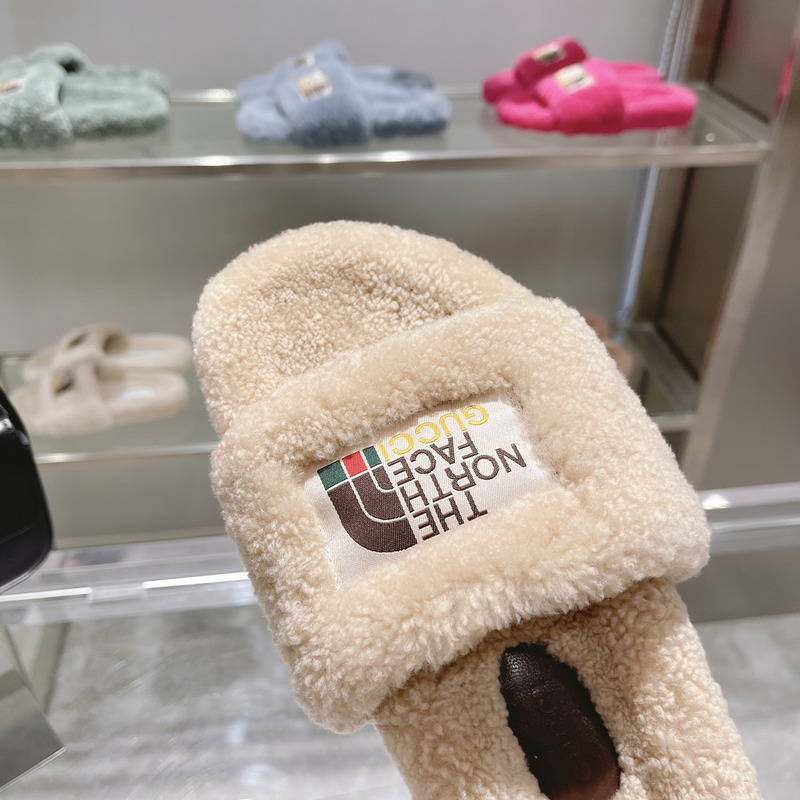 g*u*i x the n0*h F**e shearling slides beige