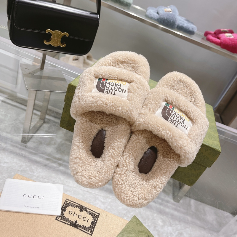 g*u*i x the n0*h F**e shearling slides beige