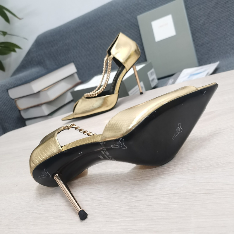 Tom Ford Open Toe Pointed Toe Chain Detail High Heel in Light Gold