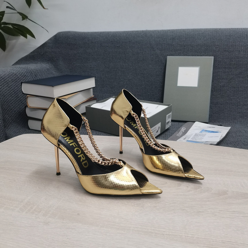 Tom Ford Open Toe Pointed Toe Chain Detail High Heel in Light Gold