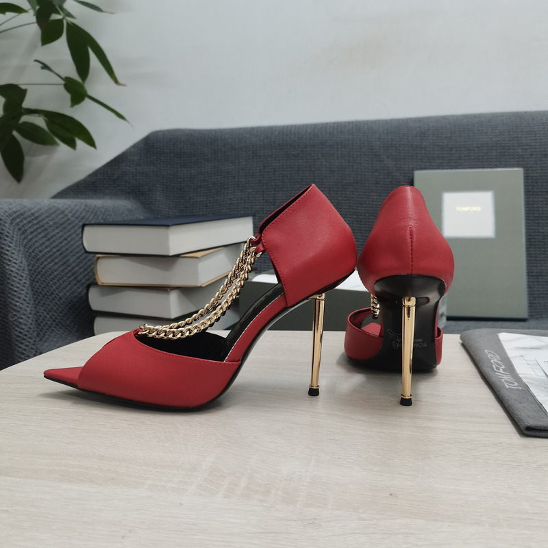 Tom Ford Open Toe Pointed Toe Chain Detail High Heel in Red