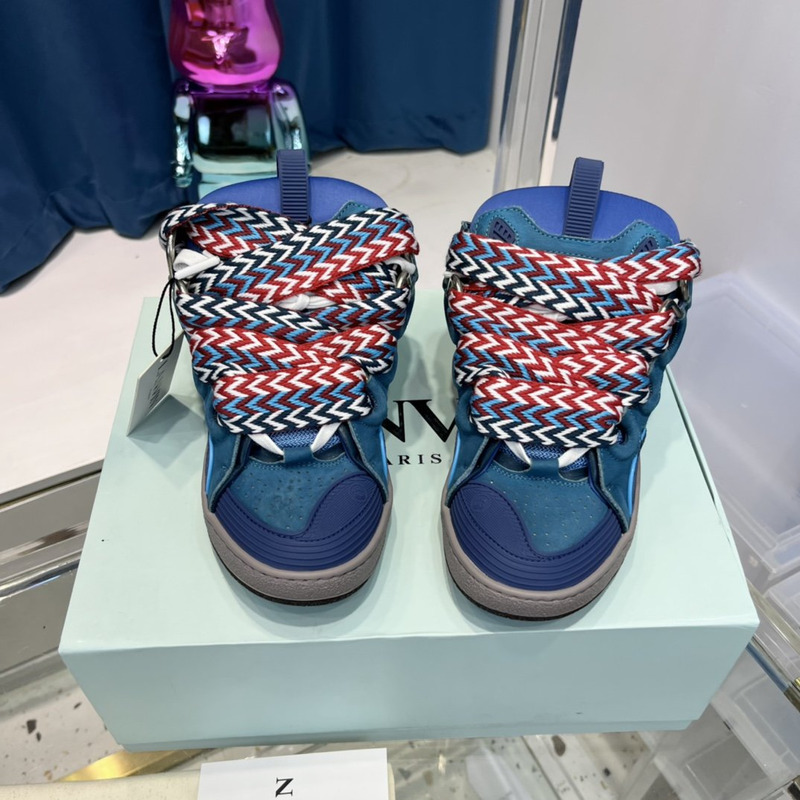 Lanvin Curb Leather Sneakers With Multicolor Laces in Dark Blue