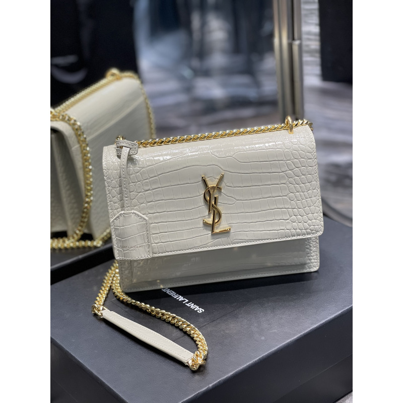 Saint Laurent SUNSET WHITE CHAIN BAG IN CROCODILE EMBOSSED SHINY LEATHER