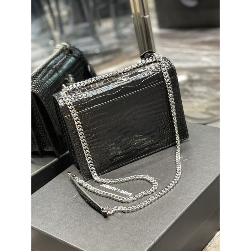 Saint Laurent SUNSET SILVER CHAIN BAG IN CROCODILE EMBOSSED SHINY LEATHER