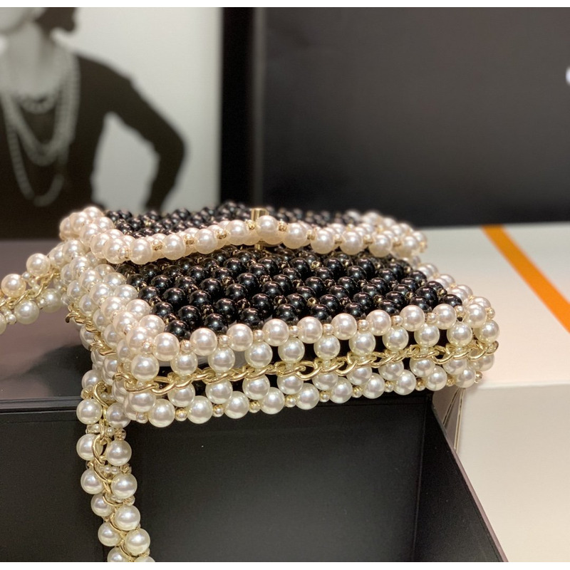 Ch*el handmade imitation pearl woven bag black and white