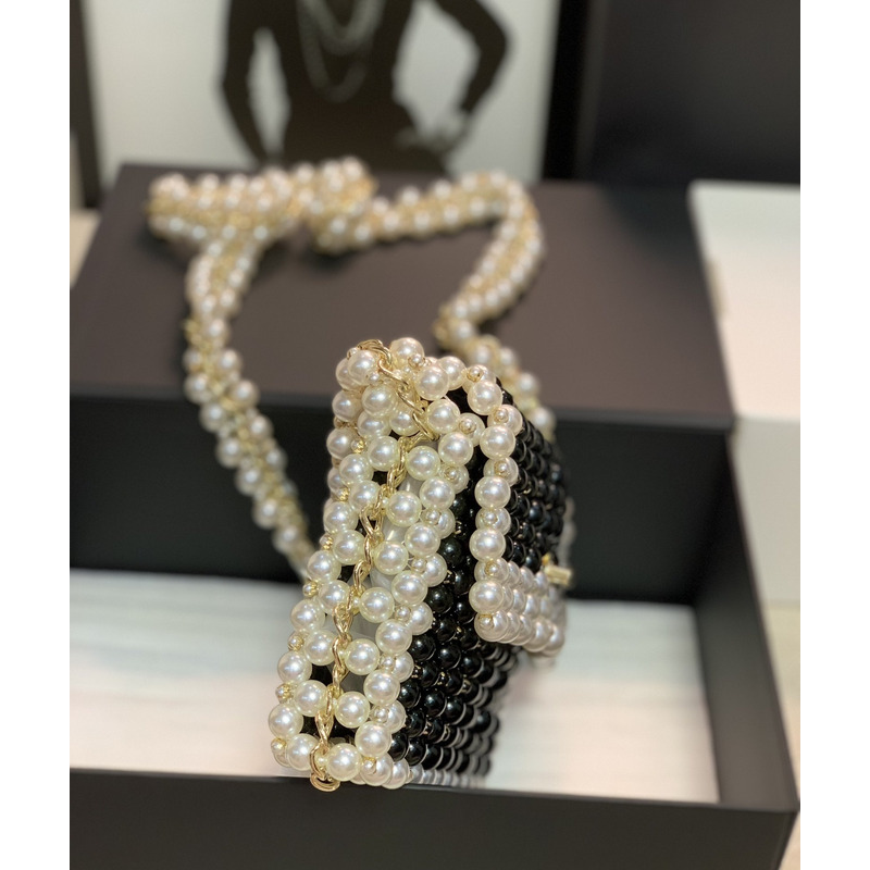 Ch*el handmade imitation pearl woven bag black and white